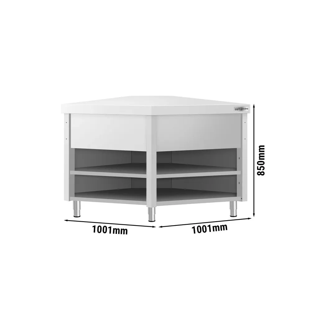 Професионален Ъглов работен шкаф от неръждаема стомана KOPENHAGEN - 1001x1001mm - с междинен рафт