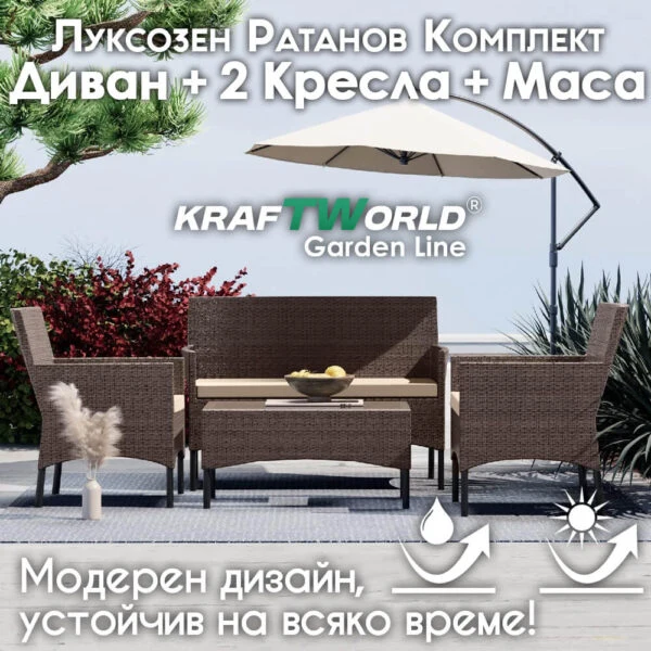 Луксозен Сет Градински Мебели – 2 кресла, диван и маса – Ратанов Комплект Kraftworld Garden