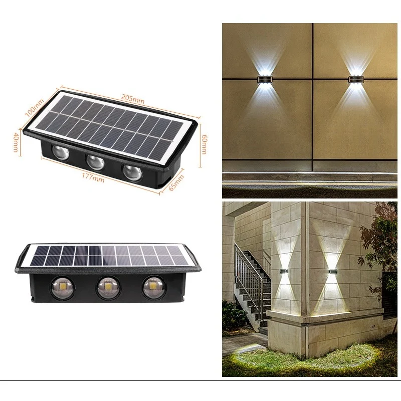 Правоъгълна двупосочна соларна LED стенна лампа, 20.5X10 см, 6 светодиода, 5.5V, ABS, 500Mah, водоустойчива IP65, студено...