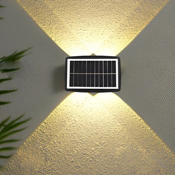 Правоъгълна двупосочна соларна LED стенна лампа, 20.5X10 см, 6 светодиода, 5.5V, ABS, 500Mah, водоустойчива IP65, студено...