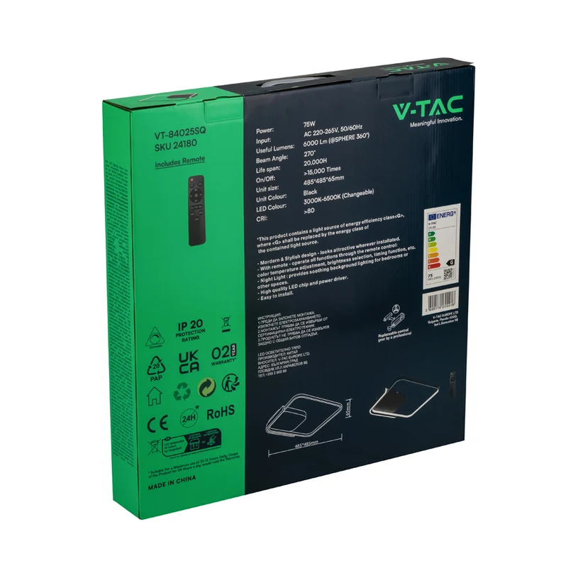 LED ПЛАФОН 75W ДИСТАНЦИОННО УПРАВЛЕНИЕ ЧЕРЕН КВАДРАТ 84025 V-TAC