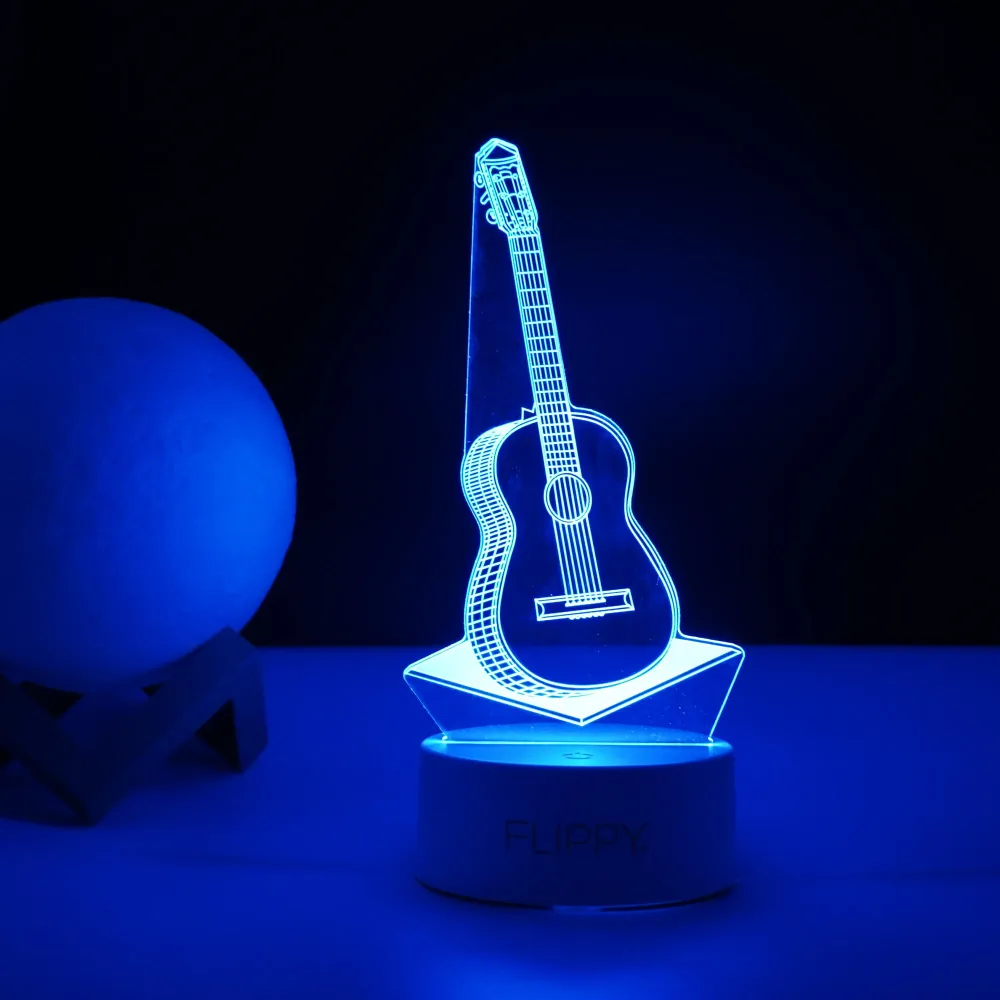 Декоративна LED лампа, 3D, китара, изработена от акрилен материал и светлина , бяла