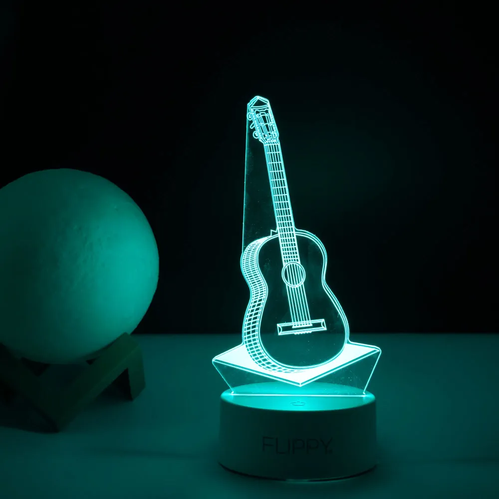 Декоративна LED лампа, 3D, китара, изработена от акрилен материал и светлина , бяла