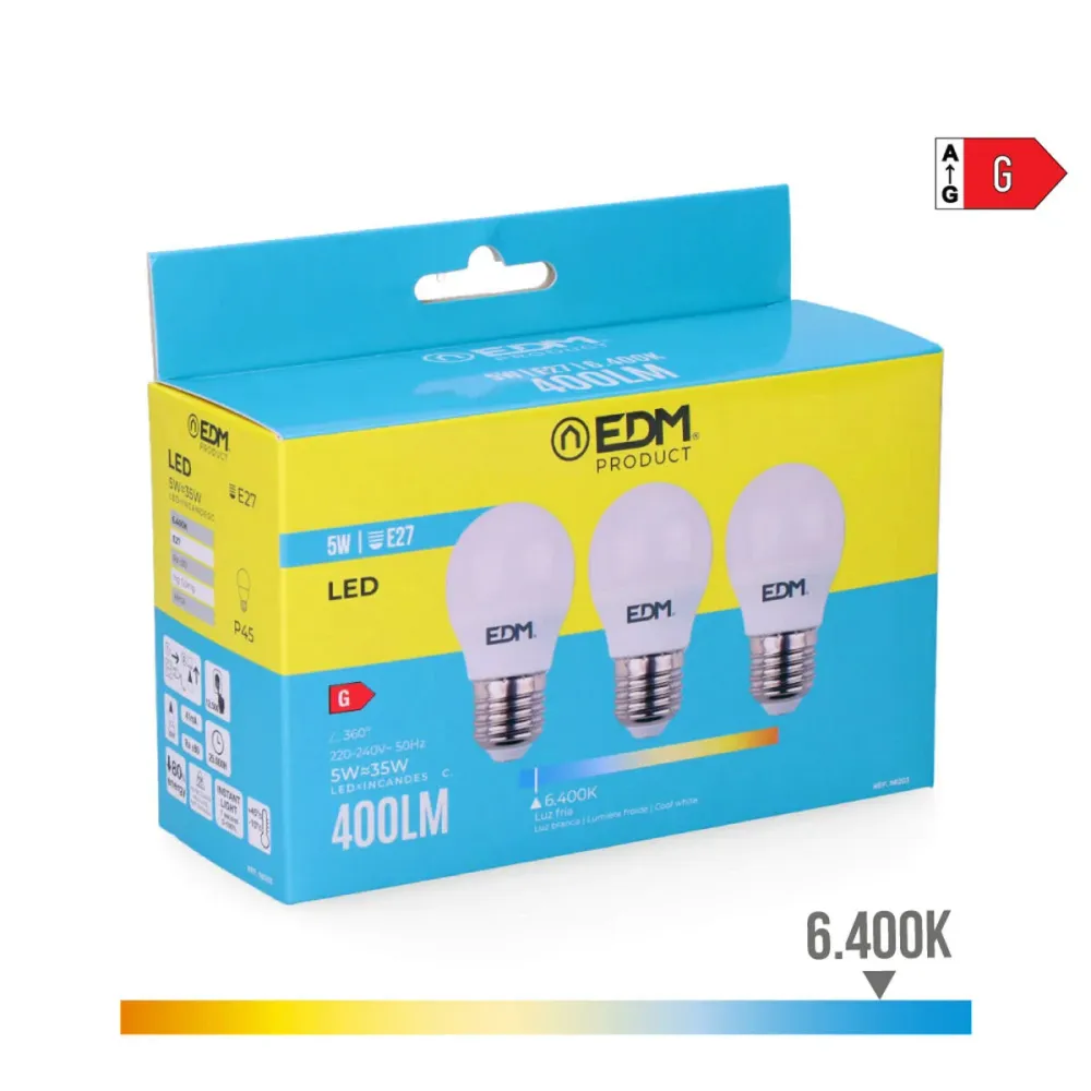 Опаковка от 3 LED крушки EDM 98203 G 35 W 5 W 50 W E27 400 lm Ø 4,5 x 8 cm (6400 K)