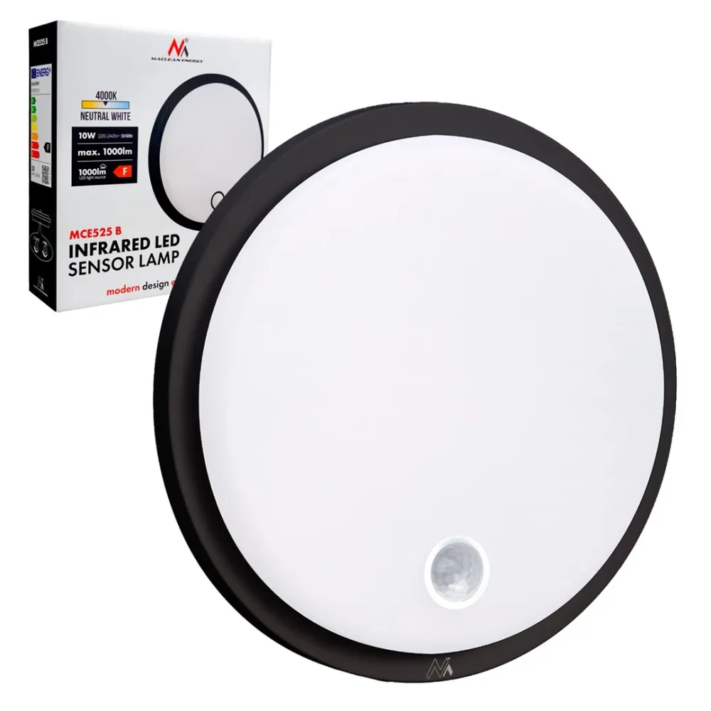 LED лампа Maclean със сензор за движение, PIR сензор, черна, 10W, IP65, 1000lm, неутрален цвят, MCE525 B