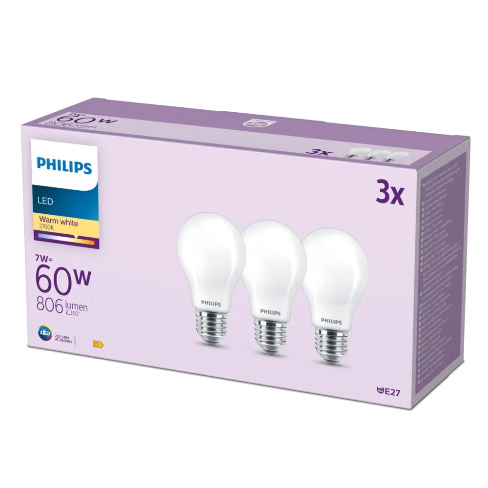LED крушка Philips A60 E27 Топло Бяло E 7 W 60 W E27 806 lm 3 броя (2700 K)