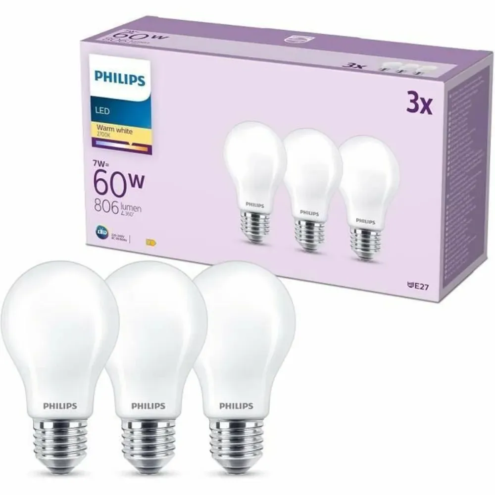 LED крушка Philips A60 E27 Топло Бяло E 7 W 60 W E27 806 lm 3 броя (2700 K)