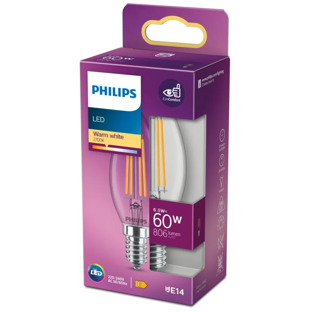 LED крушка за лампа тип свещ Philips Equivalent E14 60 W Бял E (2700 K)