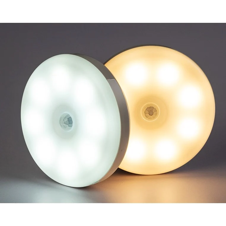 LED нощна лампа, със сензор за движение, топла и студена светлина, USB зареждане, 0.6W, 300Mah, кръгъл дизайн