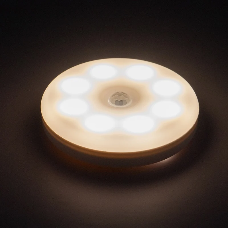LED нощна лампа, със сензор за движение, топла и студена светлина, USB зареждане, 0.6W, 300Mah, кръгъл дизайн