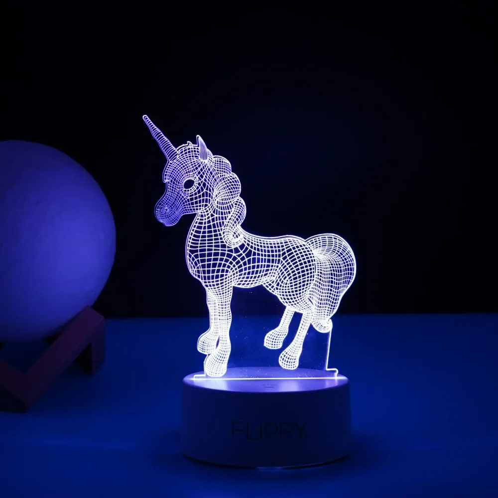 Декоративна LED лампа, 3D, Еднорог, с USB и батерии, височина 20 см, изработена от акрилен материал, включени светлина и д...