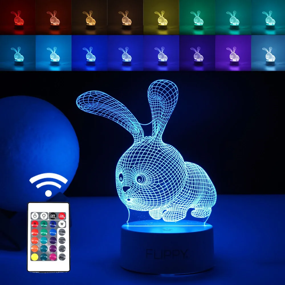 Декоративна LED лампа, 3D, Заек, с USB и батерии, височина 20 см, изработена от акрилен материал, включени светлина и дист...