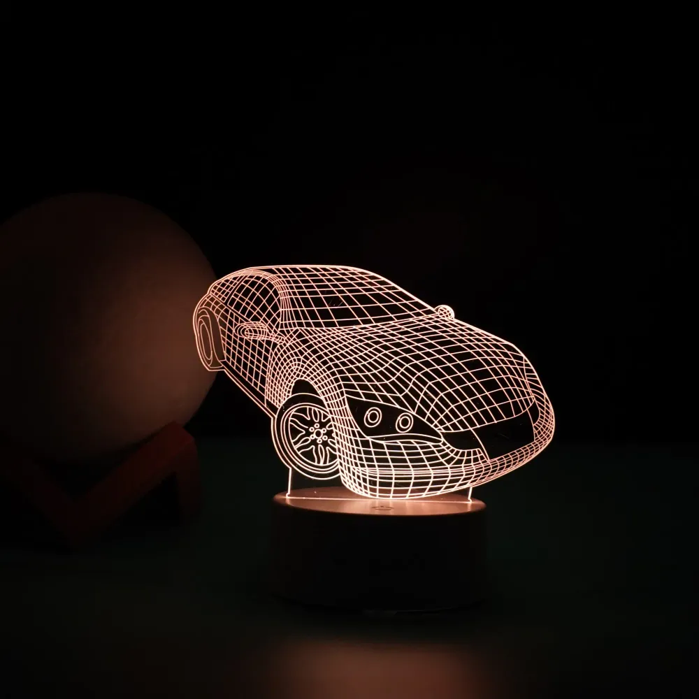 Декоративна LED лампа, 3D, Спортна кола, Два режима на захранване USB и батерии, Височина 20 см, Изработена от акрилен мат...