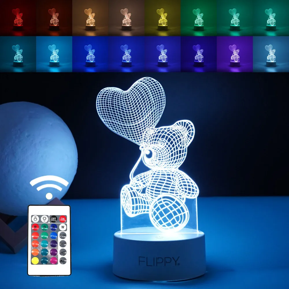 Декоративна LED лампа, 3D, Плюшено мече с балон във формата на сърце, с дистанционно управление, два режима на захранване...