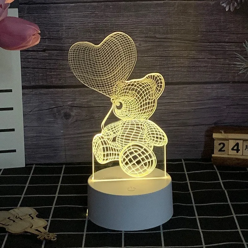 Декоративна LED лампа, 3D, Плюшено мече с балон във формата на сърце, с дистанционно управление, два режима на захранване...