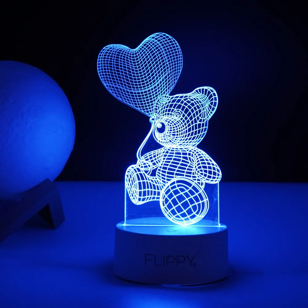 Декоративна LED лампа, 3D, Плюшено мече с балон във формата на сърце, с дистанционно управление, два режима на захранване...