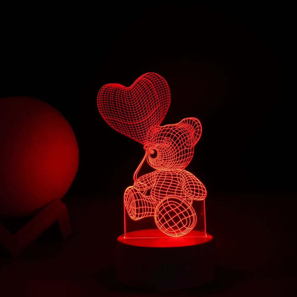 Декоративна LED лампа, 3D, Плюшено мече с балон във формата на сърце, с дистанционно управление, два режима на захранване...