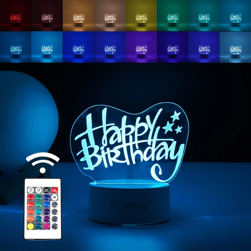 Декоративна LED лампа, 3D, Честит рожден ден, с USB и батерии, височина 20 см, изработена от акрилен материал, включени ла...