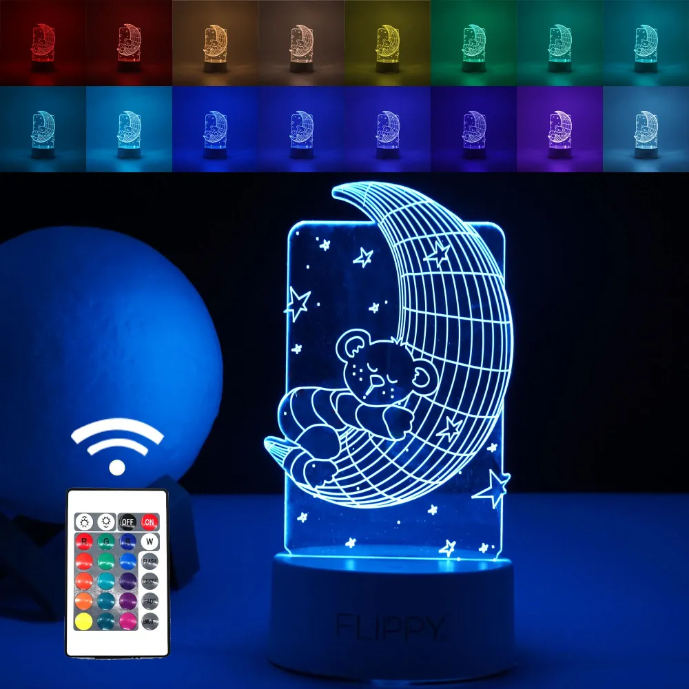 Декоративна LED лампа, 3D, плюшено мече и полумесец, с дистанционно управление, два режима на захранване USB и батерии, ви...