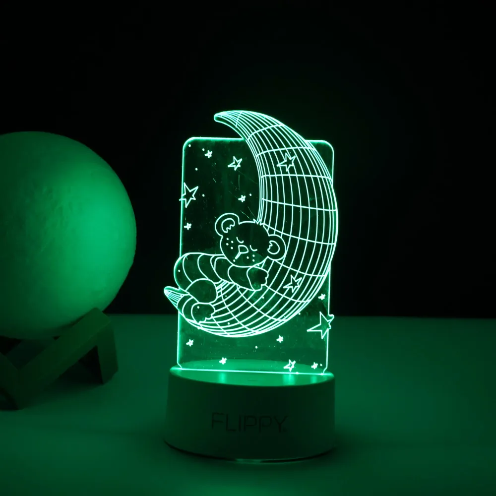 Декоративна LED лампа, 3D, плюшено мече и полумесец, с дистанционно управление, два режима на захранване USB и батерии, ви...