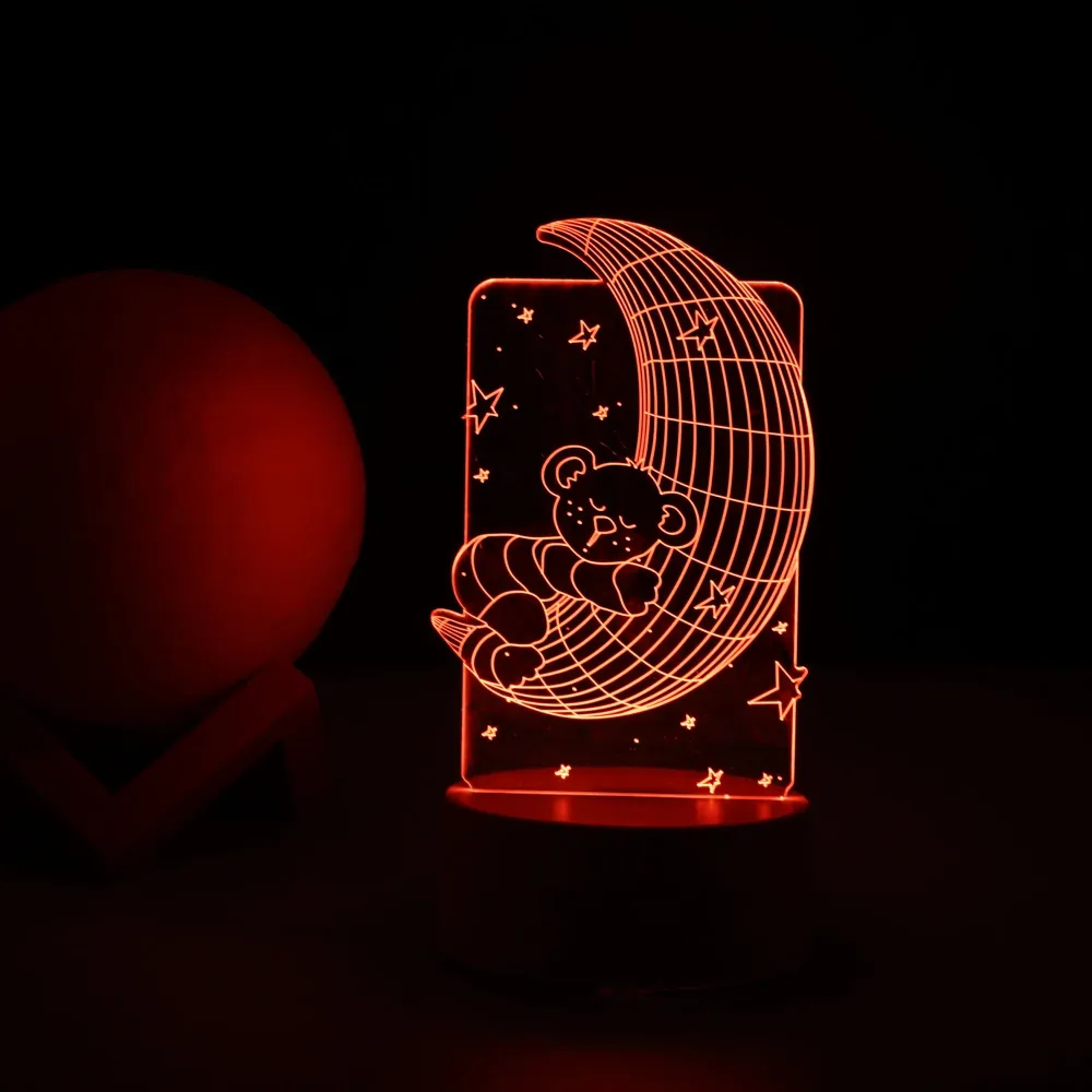 Декоративна LED лампа, 3D, плюшено мече и полумесец, с дистанционно управление, два режима на захранване USB и батерии, ви...