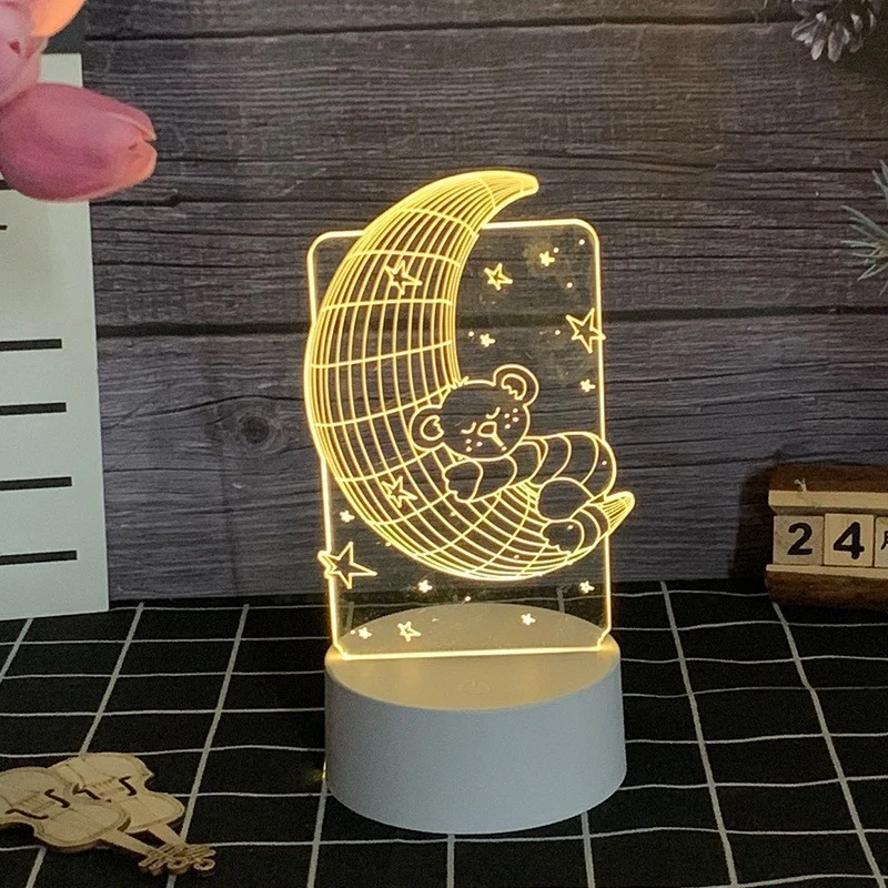 Декоративна LED лампа, 3D, плюшено мече и полумесец, с дистанционно управление, два режима на захранване USB и батерии, ви...