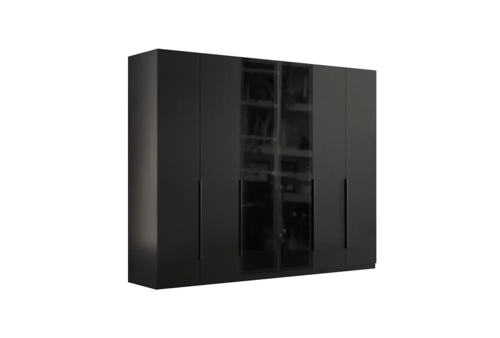 Шесткрилен гардероб «Legato Black» + стъклени врати, ширина 272см