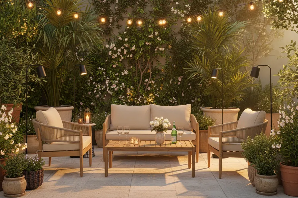 Градински комплект LEMANDA акациево дърво с въжени възглавници - бежово