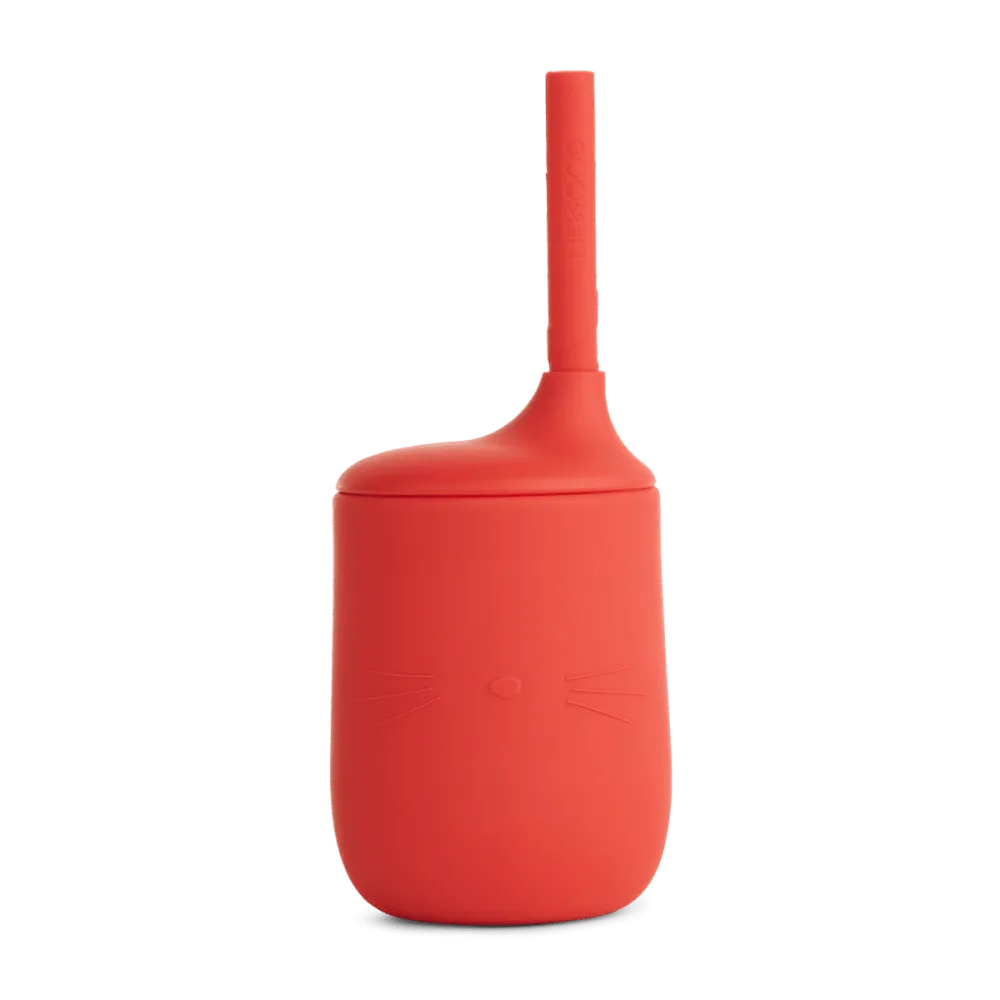 LIEWOOD Силиконова чаша със сламка ELLIS Cat apple red, 230 мл.