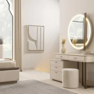 Тоалетка «Loft» с пет чекмеджета, огледало и пуф, размер 160x80x51