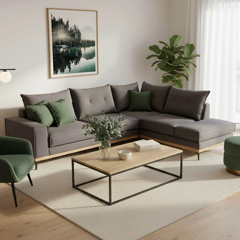 Ъглов диван Luxury ляв ъгъл дамаска тъмно сиво-тъмно зелено 290x235x95см