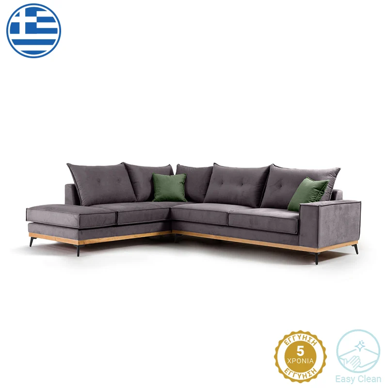 Ъглов диван Luxury десен ъгъл дамаска тъмно сиво-тъмно зелено 290x235x95см