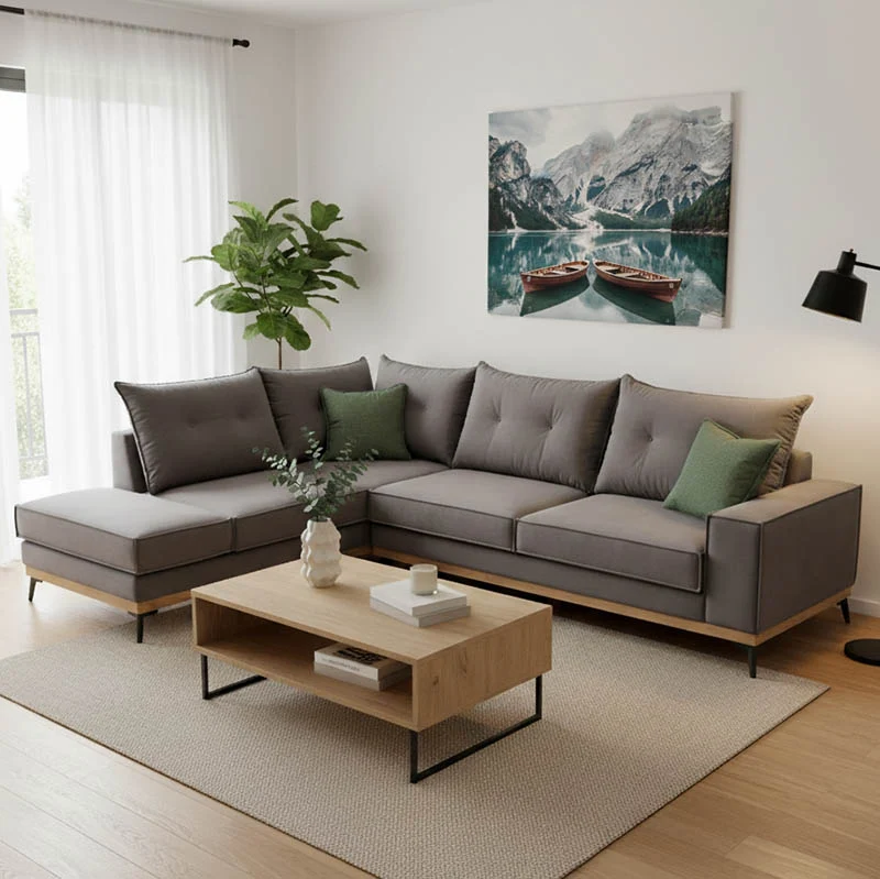 Ъглов диван Luxury десен ъгъл дамаска тъмно сиво-тъмно зелено 290x235x95см