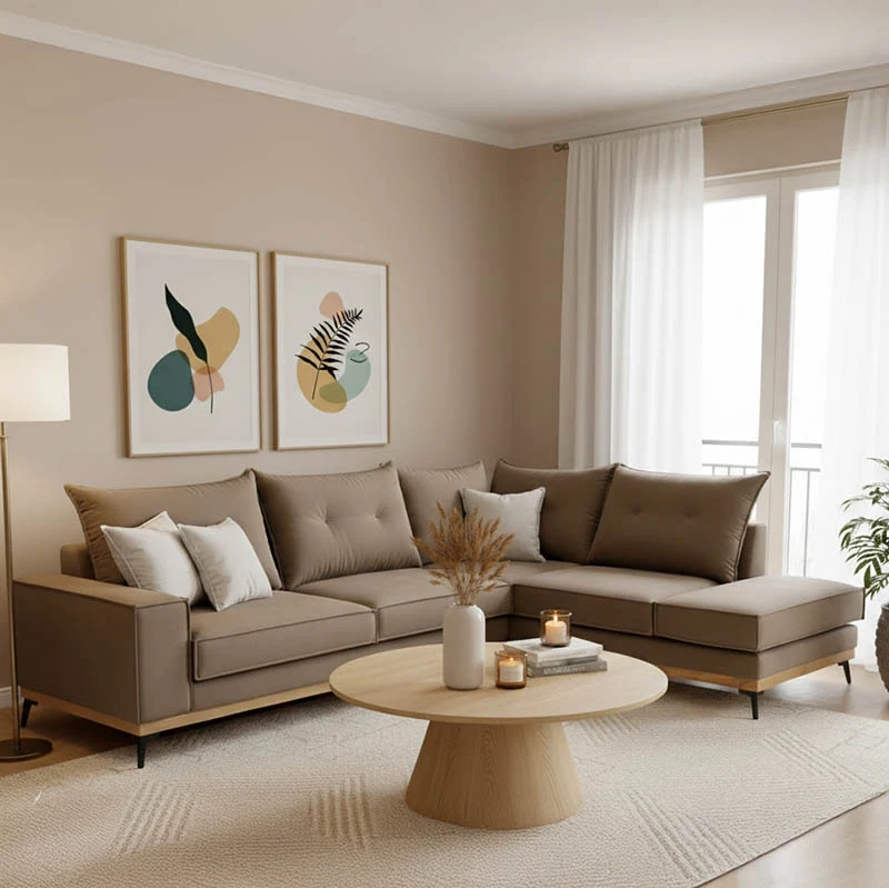Ъглов диван Luxury ляв ъгъл дамаска мока-крем 290x235x95см
