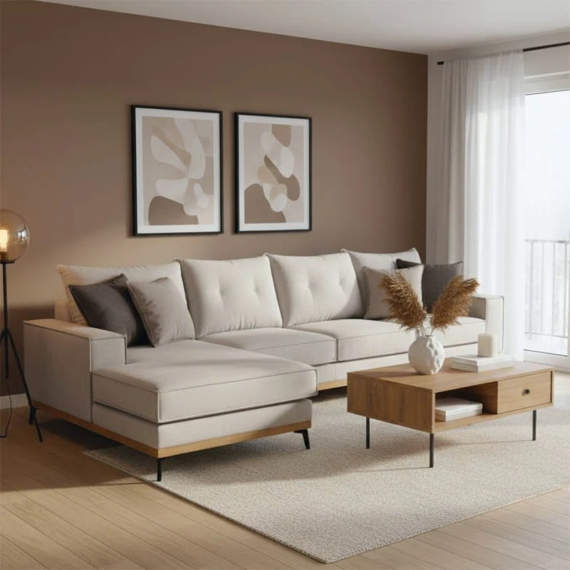 Ъглов диван Luxury II десен ъгъл дамаска крем-мока 290x235x95см