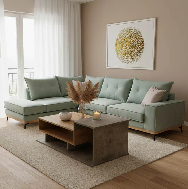 Ъглов диван Luxury десен ъгъл дамаска ciel-крем 290x235x95см