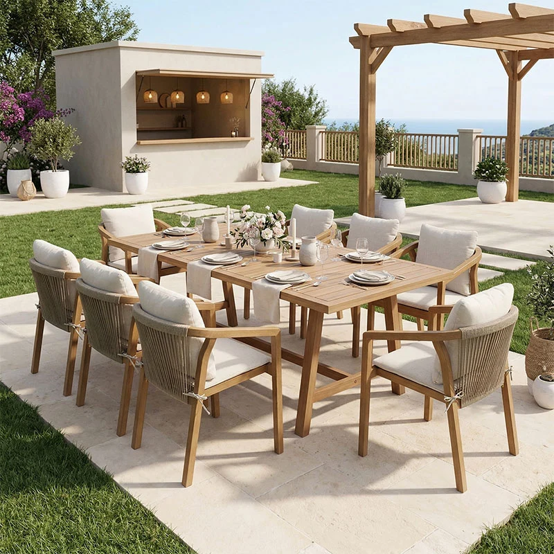 Трапезен комплект MALIBU 9 части, масивна акациева дървесина, 180x90x75 см