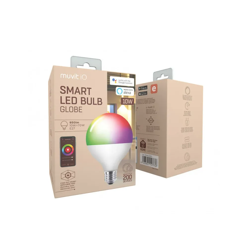 Muvit iO, Смарт Wi-Fi LED крушка Globe RGB E27 10 W 950 lm, бял