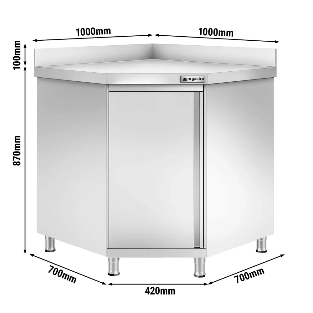 Професионален Ъглов работен шкаф от неръждаема стомана PREMIUM - 1000x1000mm - с отваряеми врати (на панти) & Борд