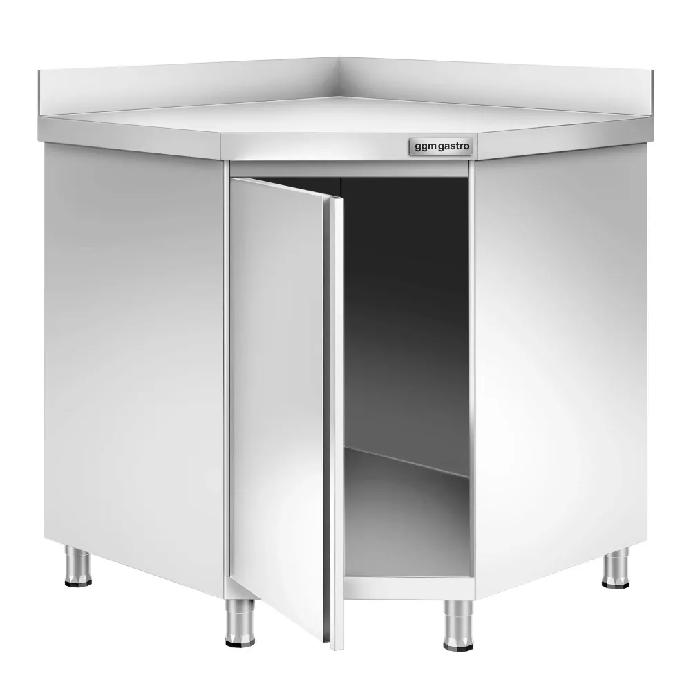 Професионален Ъглов работен шкаф от неръждаема стомана PREMIUM - 1000x1000mm - с отваряеми врати (на панти) & Борд