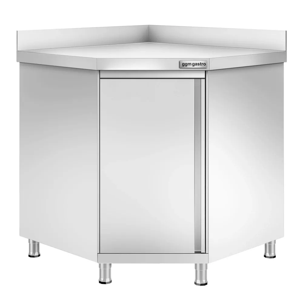 Професионален Ъглов работен шкаф от неръждаема стомана PREMIUM - 1000x1000mm - с отваряеми врати (на панти) & Борд