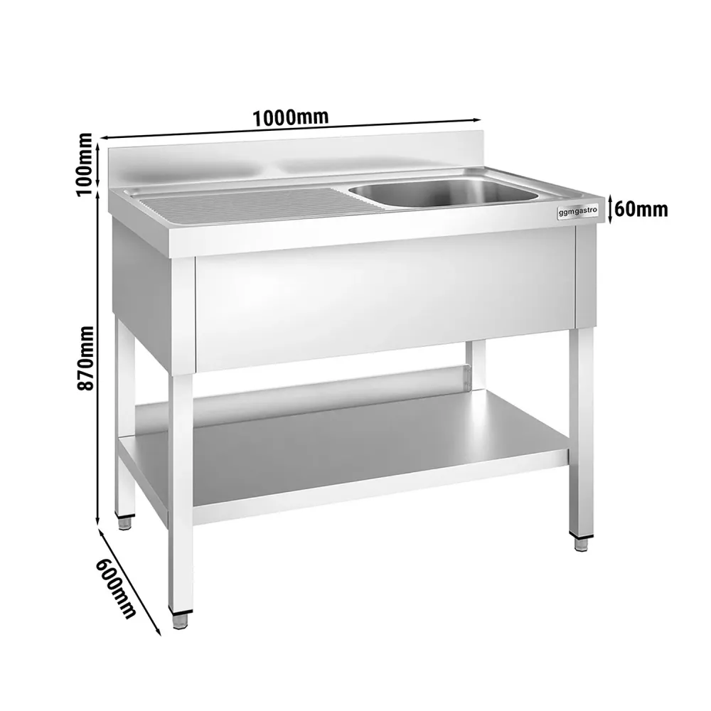 Професионална мивка от неръждаема стомана PREMIUM - 1000x600mm - с долен рафт - с 1 корито вдясно