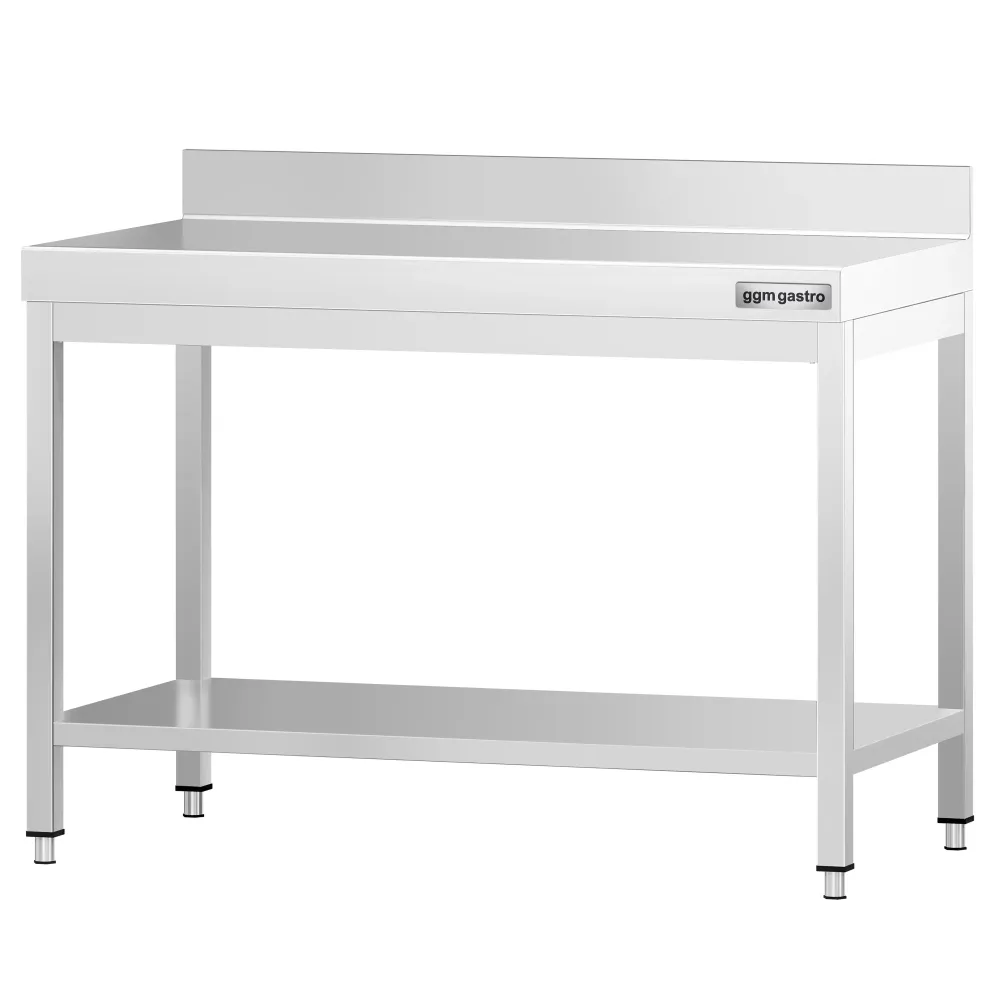 Маса от неръждаема стомана PREMIUM - 1000x600mm - с основен рафт и борд отзад и укрепваща връзка
