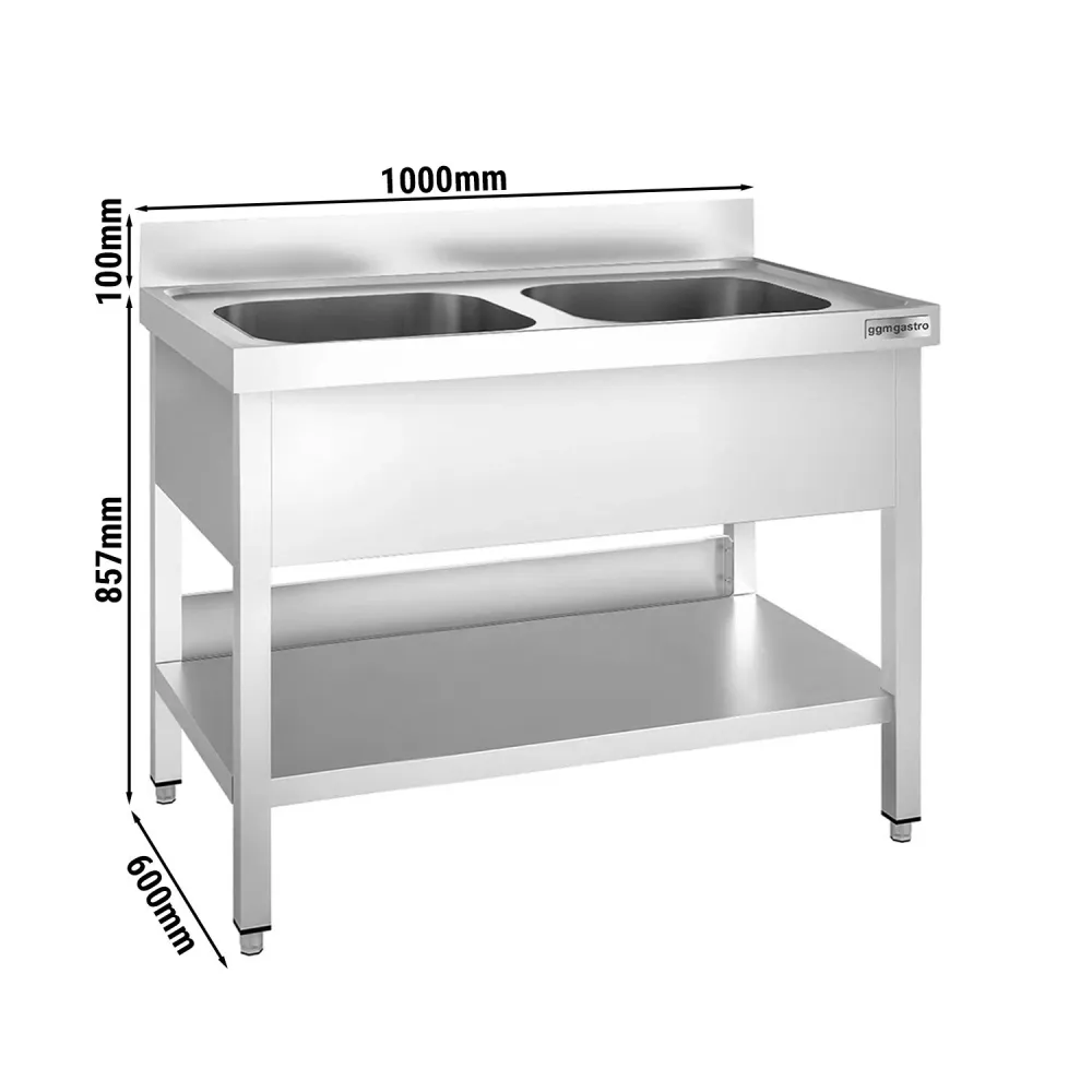 Професионална мивка от неръждаема стомана PREMIUM - 1000x600mm - с долен рафт - с 2 корита централно