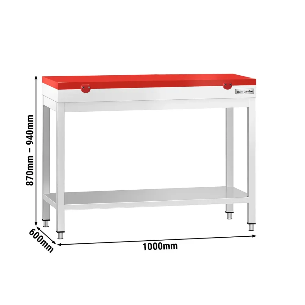 Маса от неръждаема стомана PREMIUM - 1000x600mm - с основен рафт - с включена дъска за рязане - червена