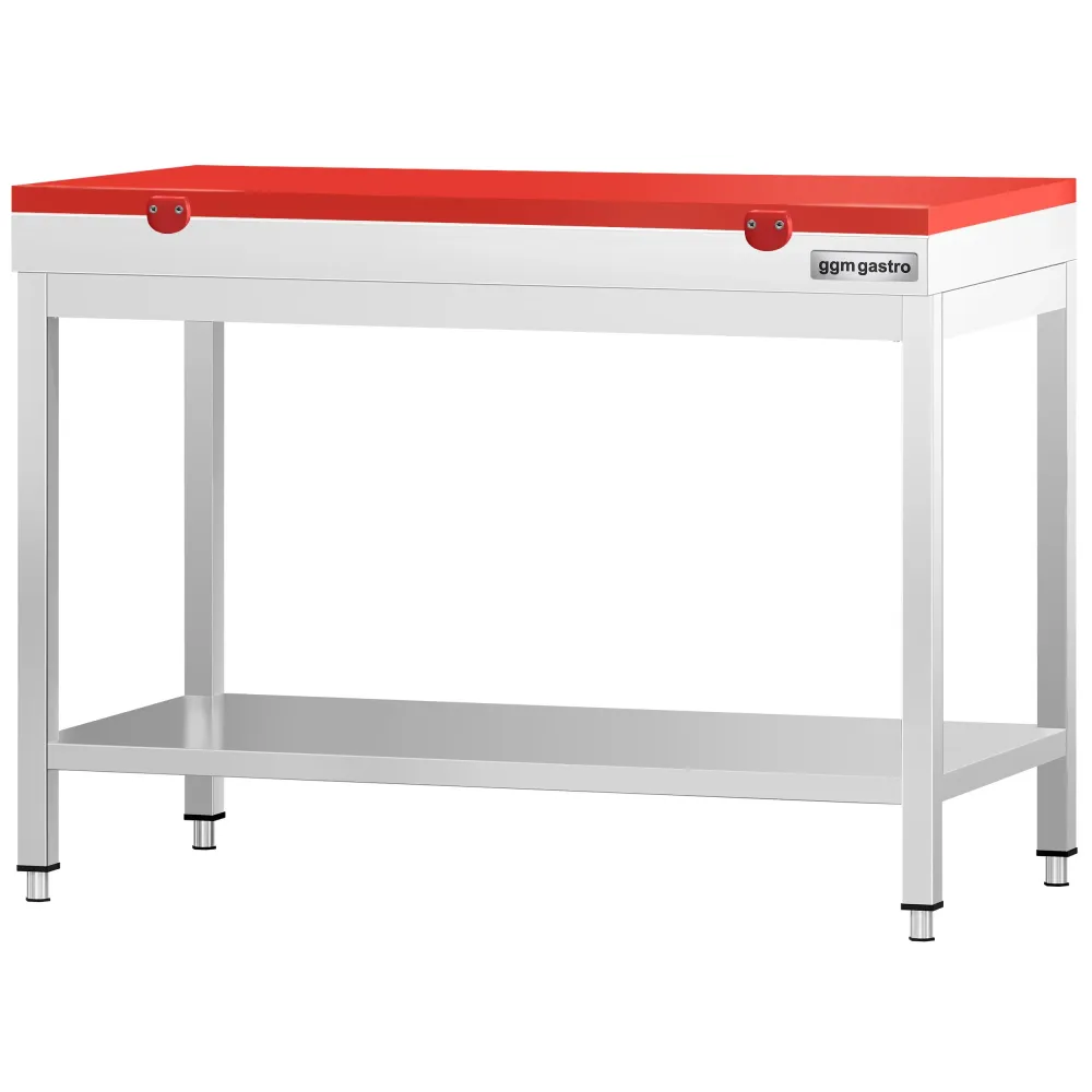 Маса от неръждаема стомана PREMIUM - 1000x600mm - с основен рафт - с включена дъска за рязане - червена