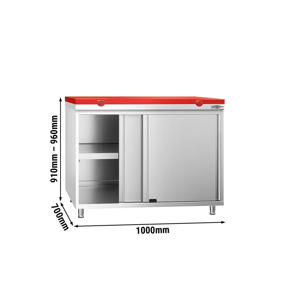Професионален Работен шкаф от неръждаема стомана PREMIUM - 1000x700mm - с плъзгащи се врати|междинен рафт - вкл. Дъска за...