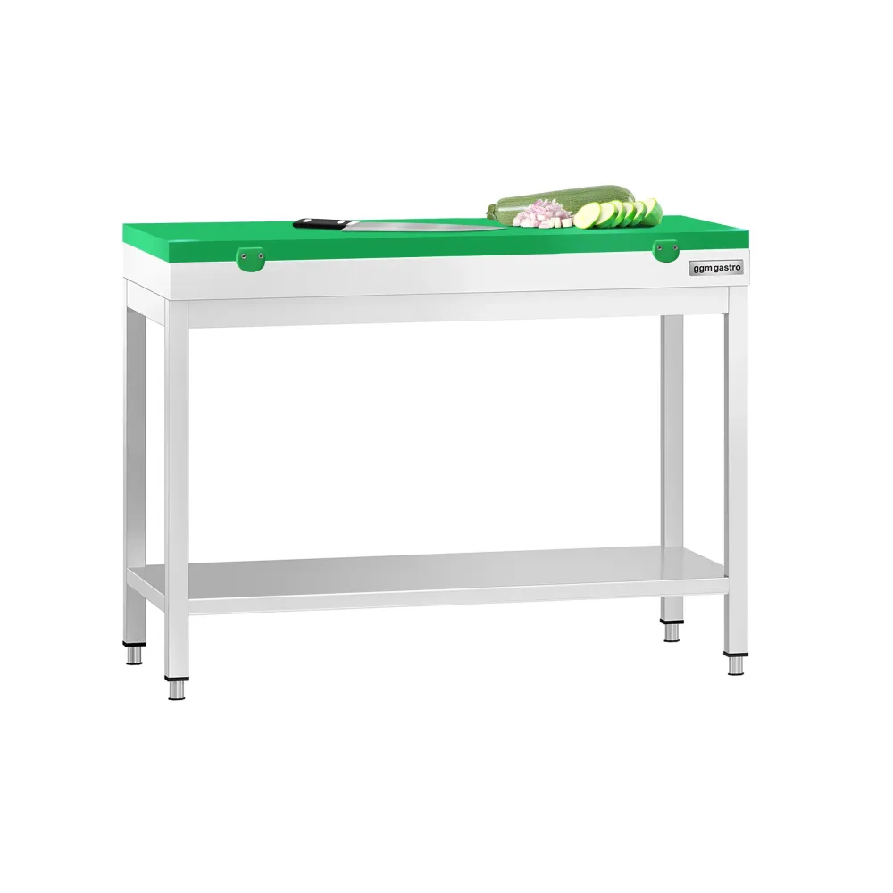 Маса от неръждаема стомана PREMIUM - 1000x700mm - с основен рафт - с включена дъска за рязане - зелена