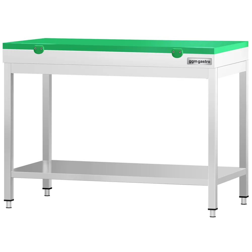Маса от неръждаема стомана PREMIUM - 1000x700mm - с основен рафт - с включена дъска за рязане - зелена