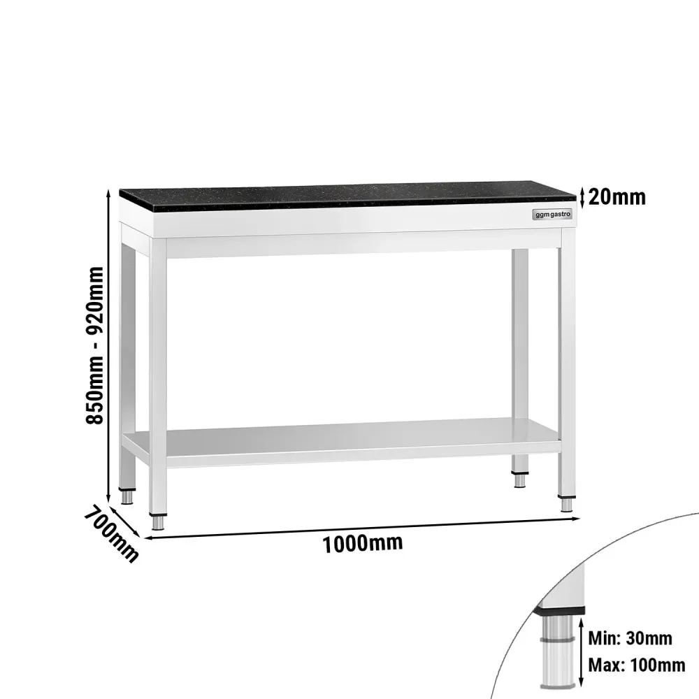 Маса от неръждаема стомана PREMIUM - 1000x700mm - с основен рафт - с включен плот от гранит